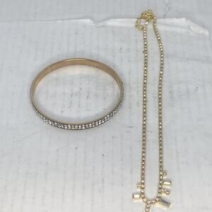 Gold Tone Bangle Bracelet And Gold Tone Necklace With Fake Diamond Design